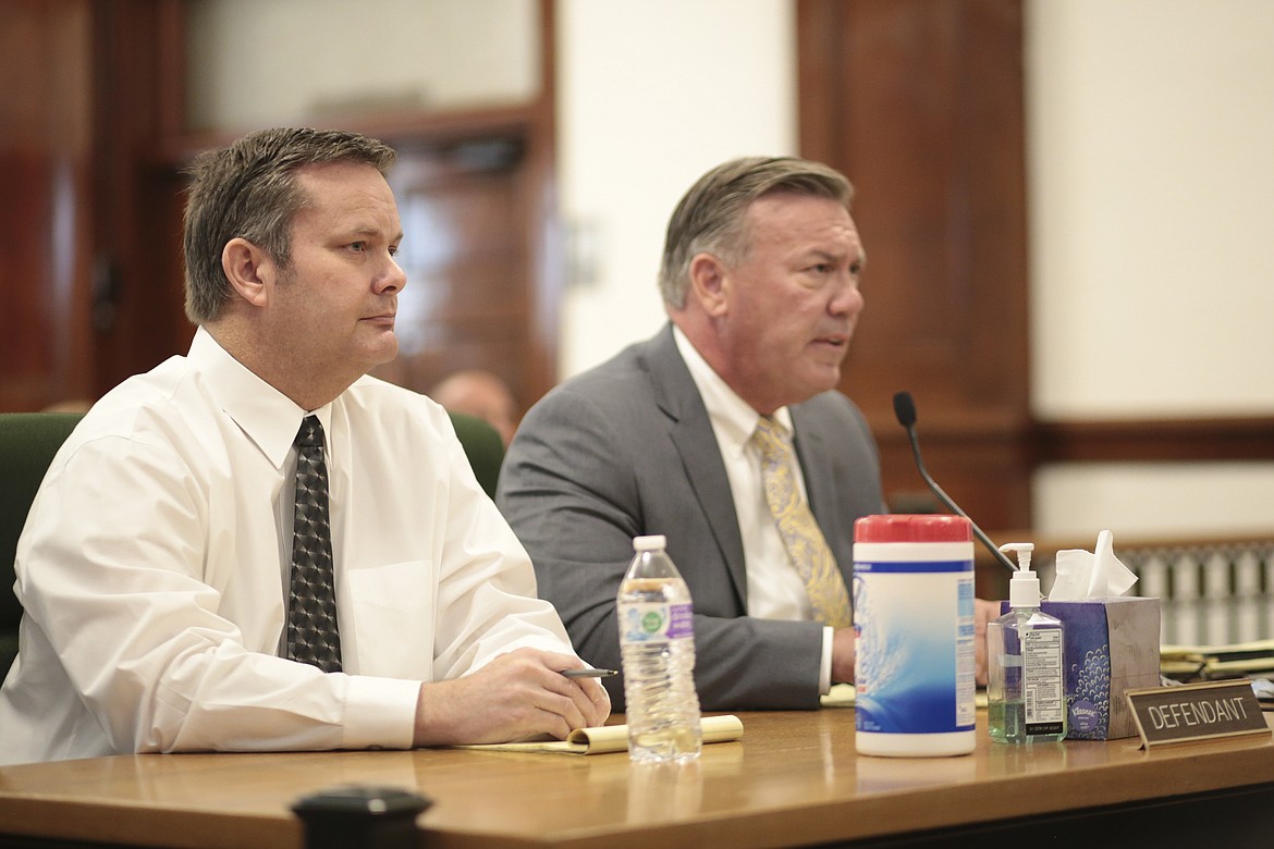 Chad Daybell, left, sits with his defense attorney John Prior during his preliminary hearing in St. Anthony, Idaho, on Tuesday, August 4, 2020. A preliminary hearing continues to decide whether there is enough evidence to hold Daybell for trial. He and the children's mother face charges related to the hiding of the remains of 17-year-old Tylee Ryan and 7-year-old Joshua "JJ" Vallow, although authorities have yet to say how the two died. (John Roark/Post Register via AP, POOL)