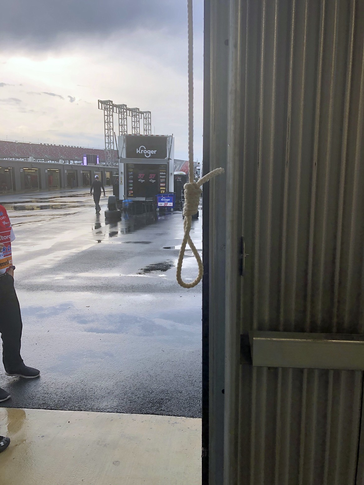 This photo provided by NASCAR shows the noose found in the garage stall of Black driver Bubba Wallace at Talladega Superspeedway in Talladega, Ala., on Sunday, June 21, 2020. The discovery prompted a federal investigation that determined the rope had been there since at least last October. (NASCAR via AP)