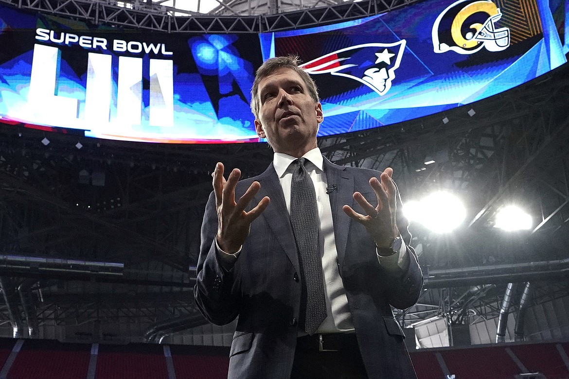 FILE - In this Jan. 29, 2019, file photo, NFL chief medical officer Dr. Allen Sills gestures while speaking during a health and safety tour at Mercedes-Benz Stadium for the NFL Super Bowl 53 football game in Atlanta. NFL players will be tested daily for the coronavirus for at least the first two weeks of training camp per the league’s new testing protocols. The NFL and the players’ union reached an agreement as rookies for Houston and Kansas City were set to report to camp Monday, July 20, 2020. Rookies for other teams begin arriving Tuesday. (AP Photo/David J. Phillip, File)