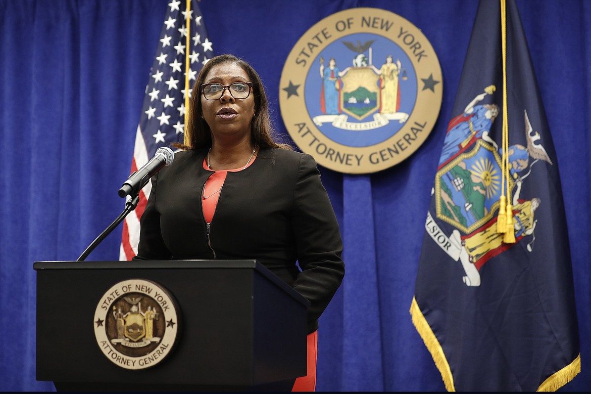 New York State Attorney General Letitia James announces that the state is suing the National Rifle Association during a press conference, Thursday, Aug. 6, 2020, in New York. James said that the state is seeking to put the powerful gun advocacy organization out of business over allegations that high-ranking executives diverted millions of dollars for lavish personal trips, no-show contracts for associates and other questionable expenditures. (AP Photo/Kathy Willens)