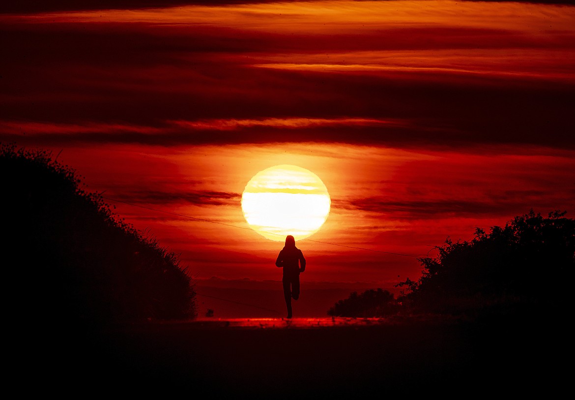 A woman runs on a small road between acres of fields as the sun rises in Frankfurt, Germany, Sunday, June 21, 2020. (AP Photo/Michael Probst)