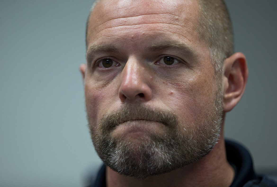 Portland Police Sgt. Brent Maxey speaks at a press conference at the Justice Center on Thursday, Aug. 6, 2020. Sgt. Maxey described some of his experiences at recent protests in Portland. (Dave Killen/The Oregonian via AP, Pool)