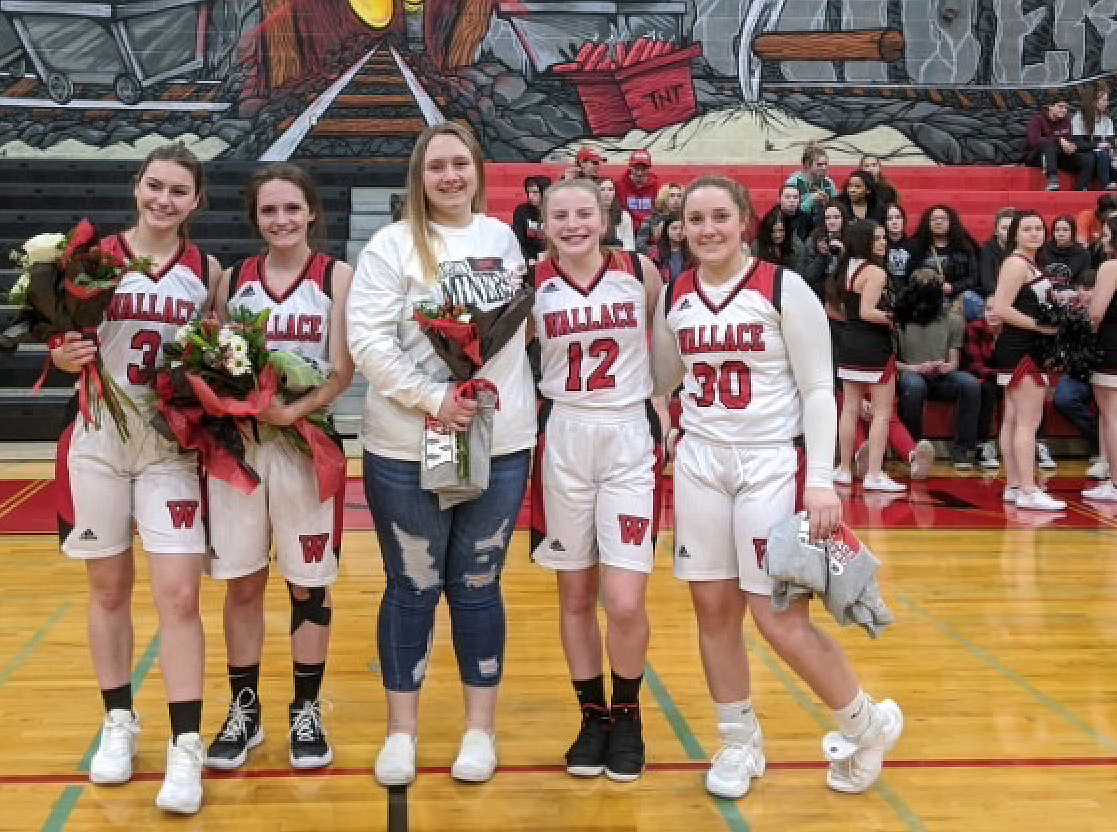 Wallace honored the senior members of the girls basketball team. Pictured from left are Megan Morin, Kailie Lowman, Shianne Stiritz, Sarah Johnson, and Skylar Hill.