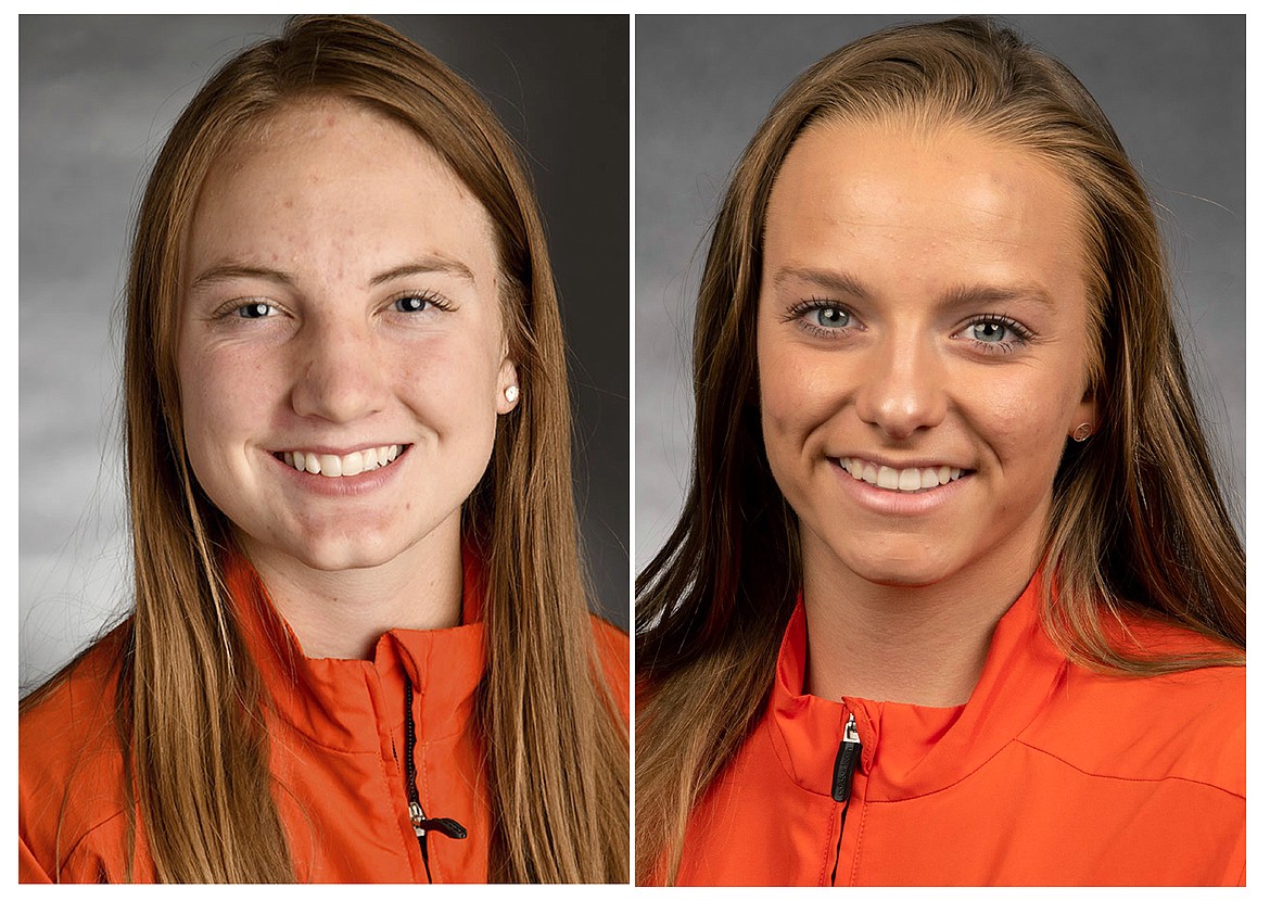 This undated photo provided by Idaho State University shows, from left, Mary Marshall, 20, of Twin Falls, Idaho, and Madison Kenyon, 19, of Johnston, Colo., two female track athletes who want a federal judge to dismiss a lawsuit challenging a new state law banning transgender women from competing in women's sports. It's the first such law in the nation. Attorneys for the two athletes filed a request Tuesday, May 26, 2020 to side with Idaho in fighting the lawsuit. The American Civil Liberties Union and Legal Voice filed the lawsuit in April. (Eric Gordon/Idaho State University via AP)