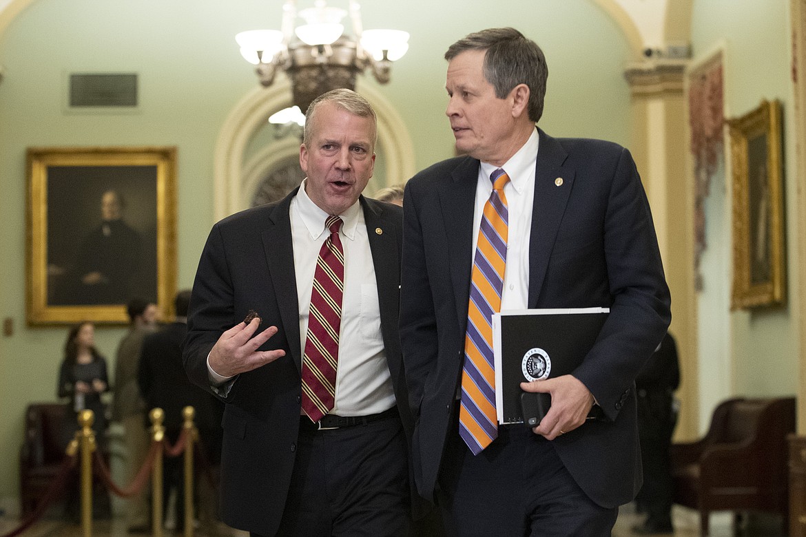 Sen. Steve Daines, R-Mont., right, talks with Sen. Dan Sullivan, R-Alaska, as they walk to the Senate chamber for the impeachment trial of President Donald Trump at the U.S. Capitol, Friday, Jan. 24, 2020, in Washington. (AP Photo/Steve Helber)