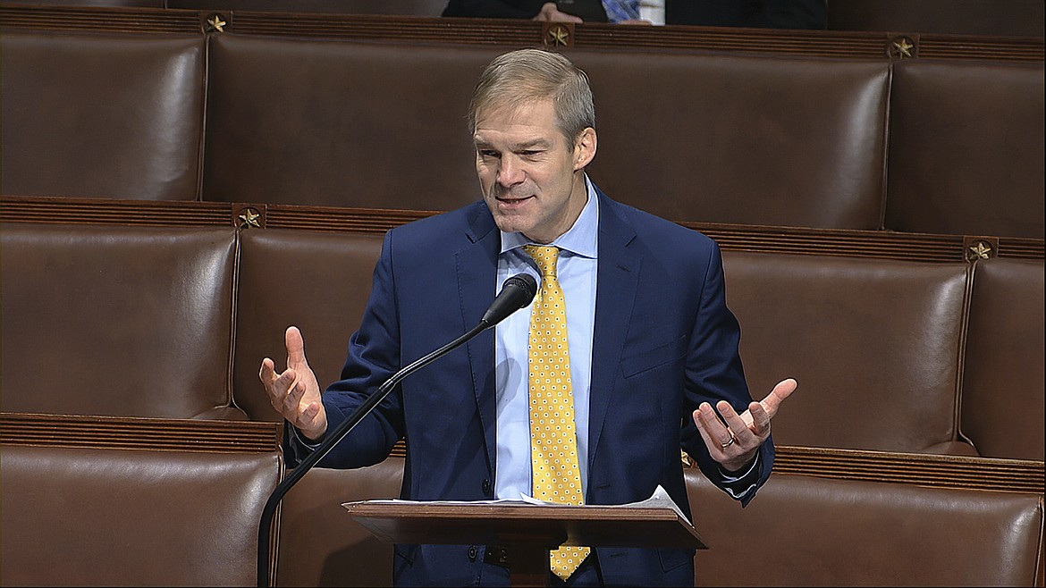 In this image from video, Rep. Jim Jordan, R-Ohio, speaks on the floor of the House of Representatives at the U.S. Capitol in Washington, Thursday, April 23, 2020. (House Television via AP)