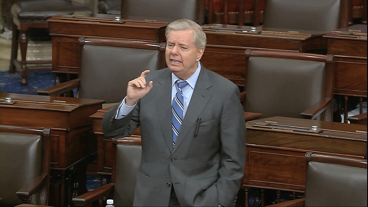 In this image from video, Sen. Lindsey Graham, R-S.C., speaks on the Senate floor at the U.S. Capitol in Washington, Tuesday, March 24, 2020. (Senate Television via AP)
