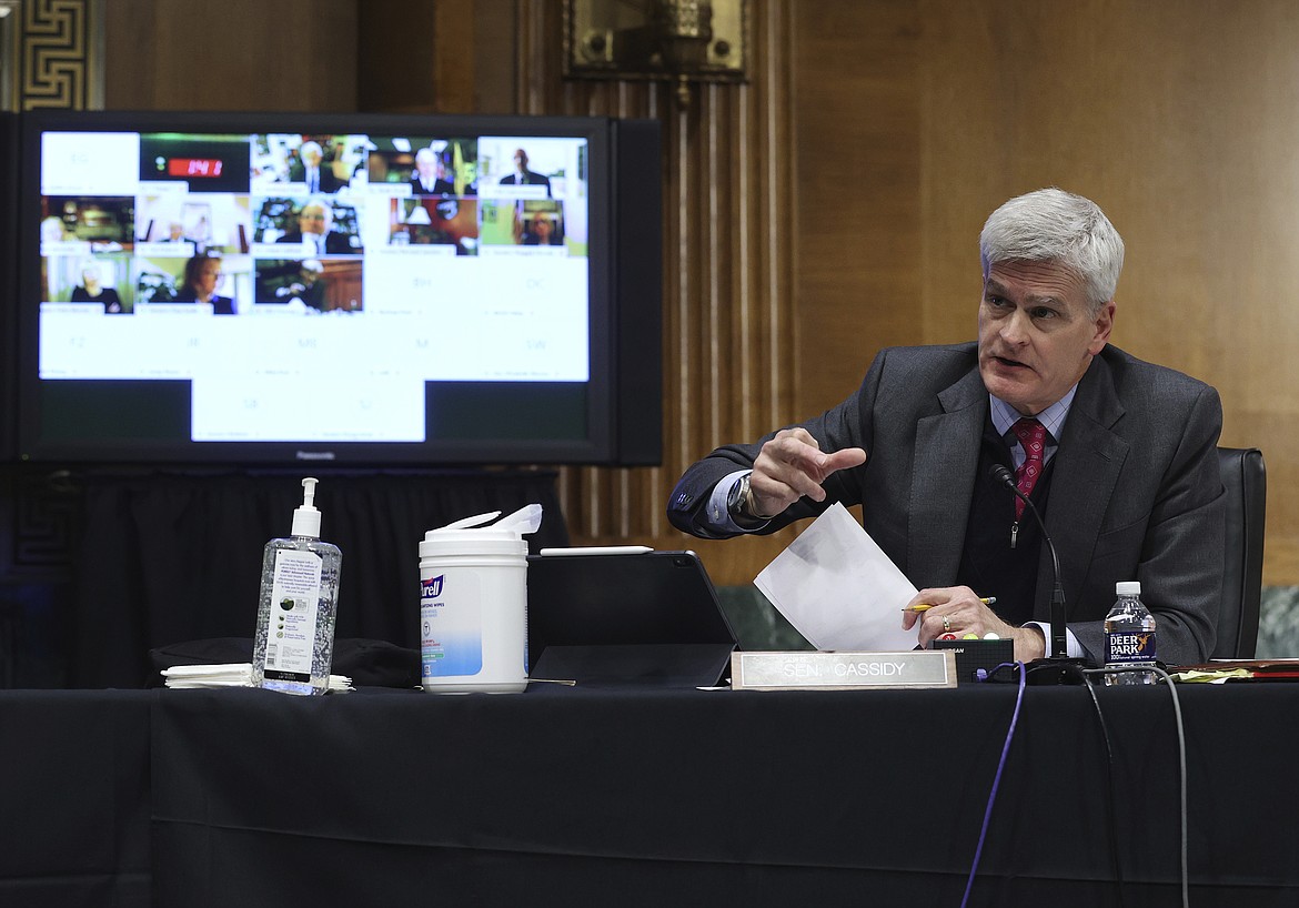 Sen. Bill Cassidy, R-La., speaks during a virtual Senate Committee for Health, Education, Labor, and Pensions hearing, Tuesday, May 12, 2020 on Capitol Hill in Washington. (Win McNamee/Pool via AP)
