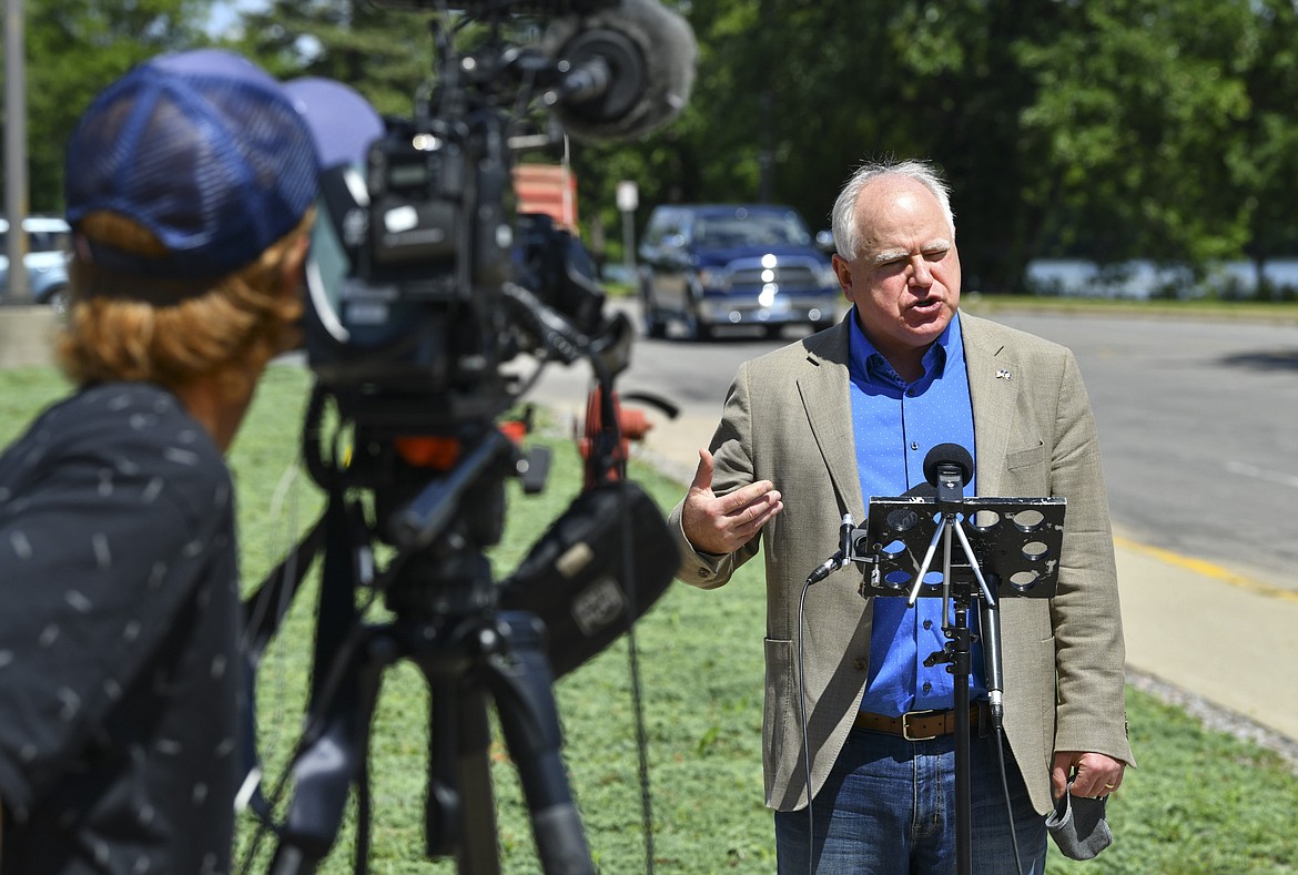 Minnesota Gov. Tim Walz answers questions during a press conference Tuesday, Aug. 4, 2020, during a stop at Central Minnesota Council on Aging offices in Sartell, Minn. (Dave Schwarz/The St. Cloud Times via AP)