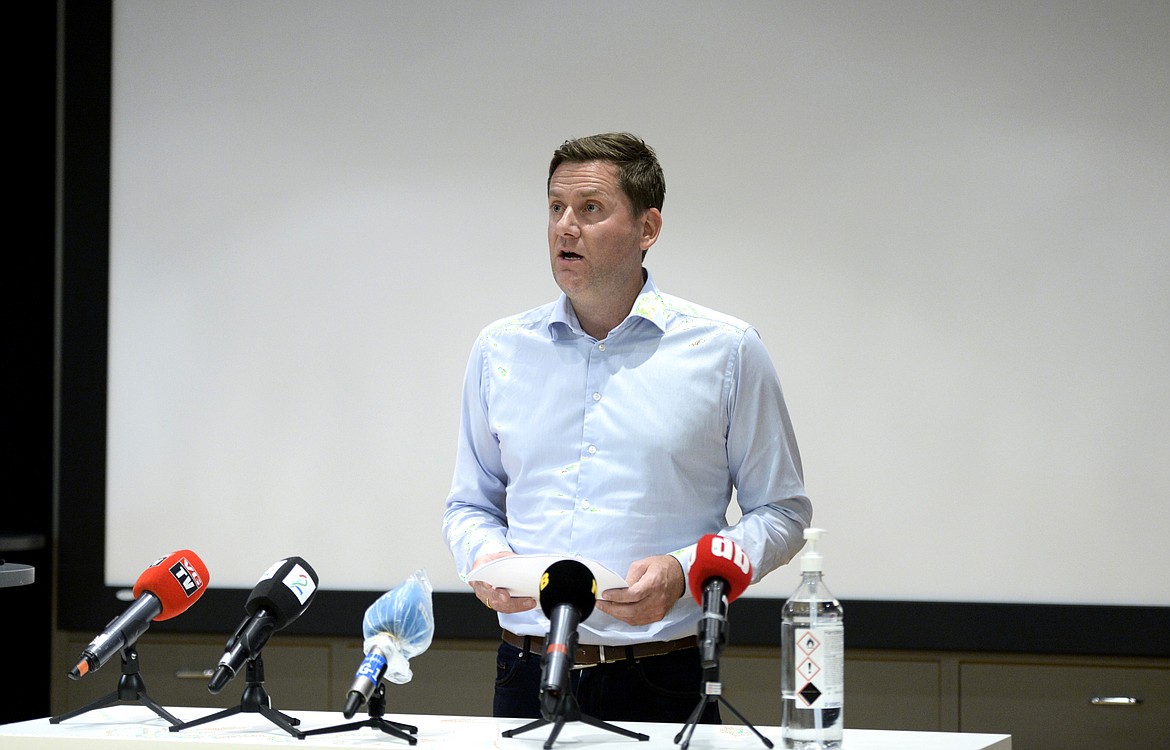 CEO of Hurtigruten, Daniel Skjeldam during a press conference after the announcement an outbreak of coronavirus infection aboard the expedition cruise ship MS Roald Amundsen.  The Norwegian cruise ship line Hurtigruten has halted all trips and apologised for procedural errors, after 5 passengers and 36 crew members tested positive for COVID-19.  In response, Norway has banned all cruise ships from docking for two weeks. (Annika Byrde / NTB scanpix via AP)