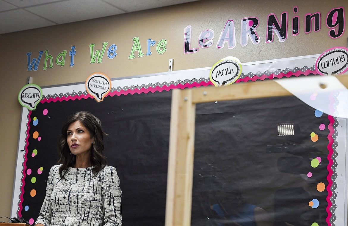 Governor Kristi Noem gives an update on back to school planning on Tuesday, July 28, at John Harris Elementary School in Sioux Falls, S.D.   (Erin Bormett/The Argus Leader via AP)