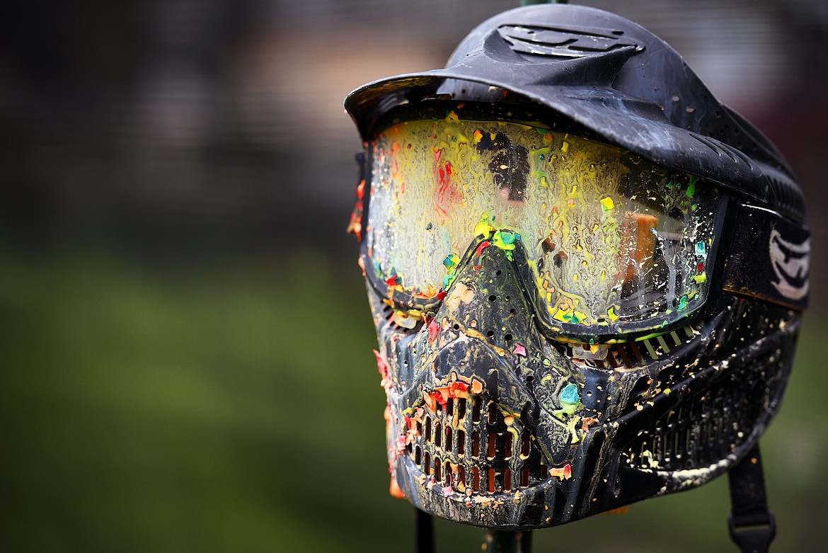 A paint-covered mask at Montana Action Paintball stands as a reminder of what can happen when a player has slow reflexes.