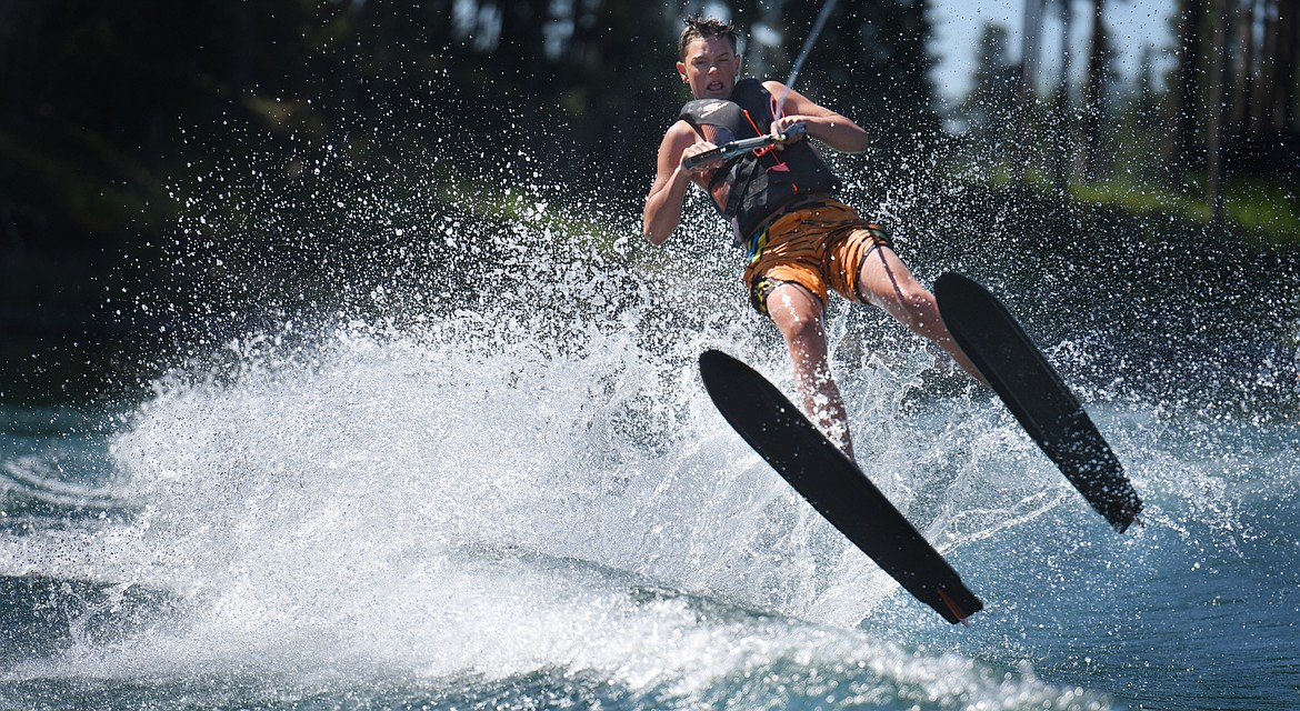 First time water skier Ashten Nelson takes to the air during his recent lesson.