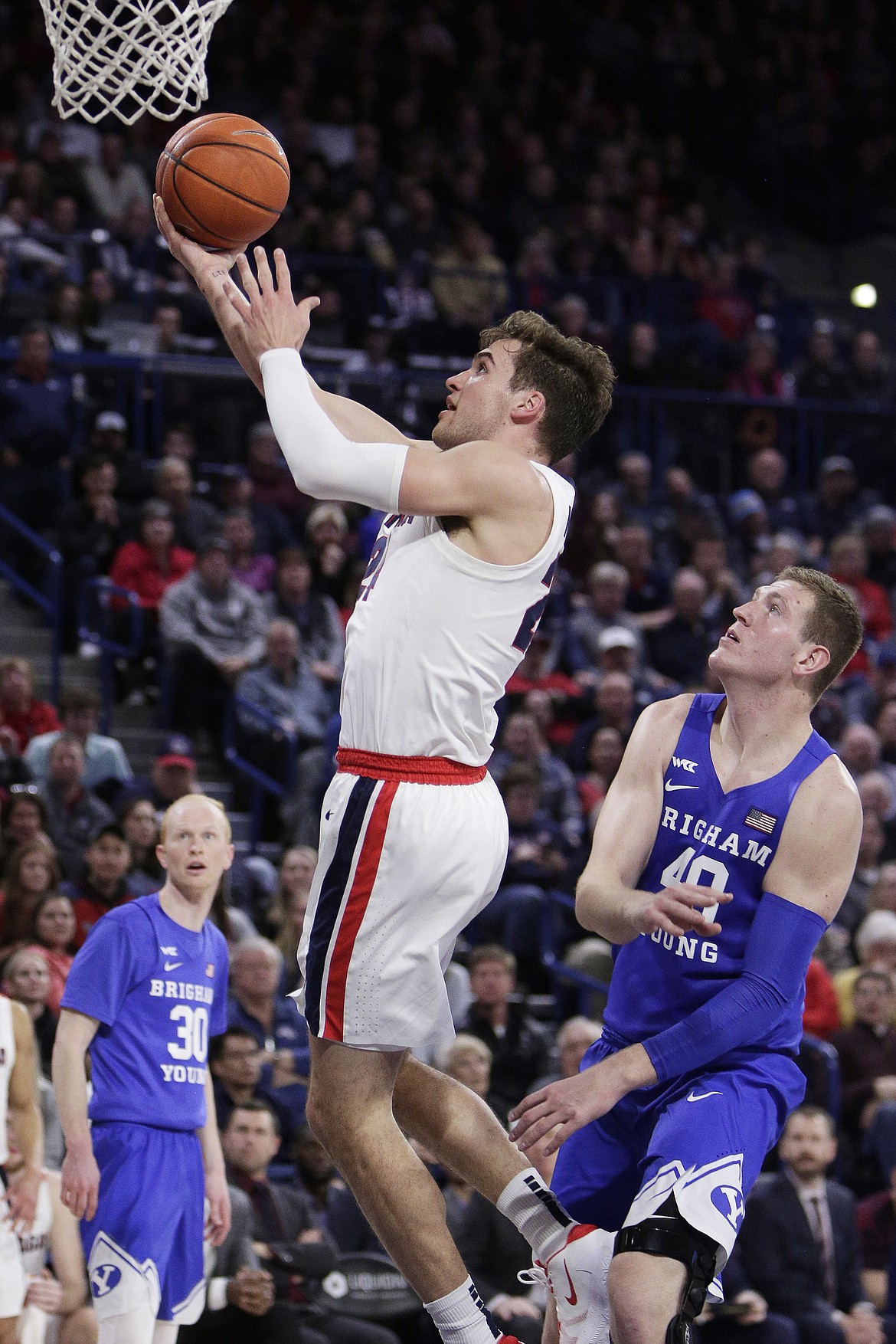 AP Photo/Young Kwak
Gonzaga forward Corey Kispert drives to the basket during the Bulldogs’ 92-69 win over visiting BYU on Jan. 18, 2020.