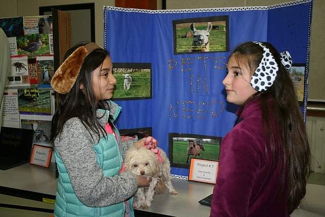Sofia Fernandez (left) and Kate Maedke used Sofia's dog Pixie to draw attention to their proposal for a long-term animal shelter.  Sofia and Kate detailed their idea to an audience at a presentation sponsored by Parkway School's highly capable program.