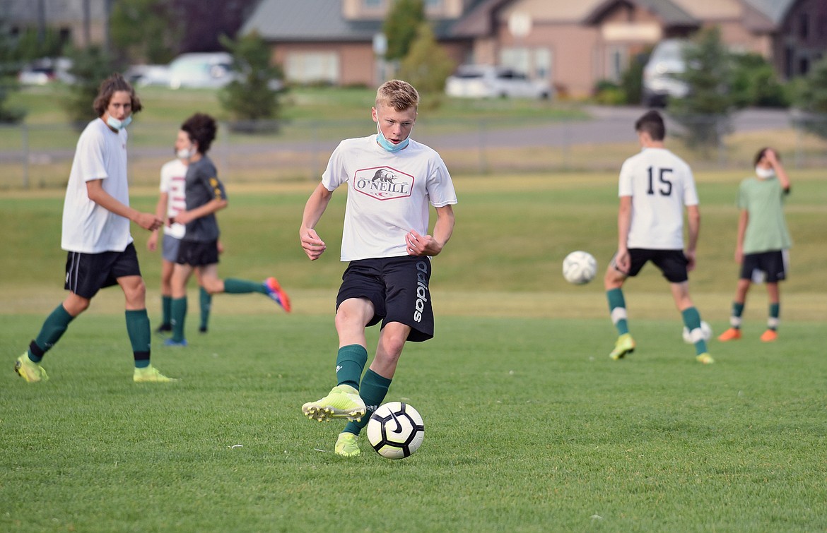 Whitefish freshman midfielder Jackson Dorvall participates in a drill during practice on Aug. 20 at Smith Fields. (Whitney England/Whitefish Pilot)