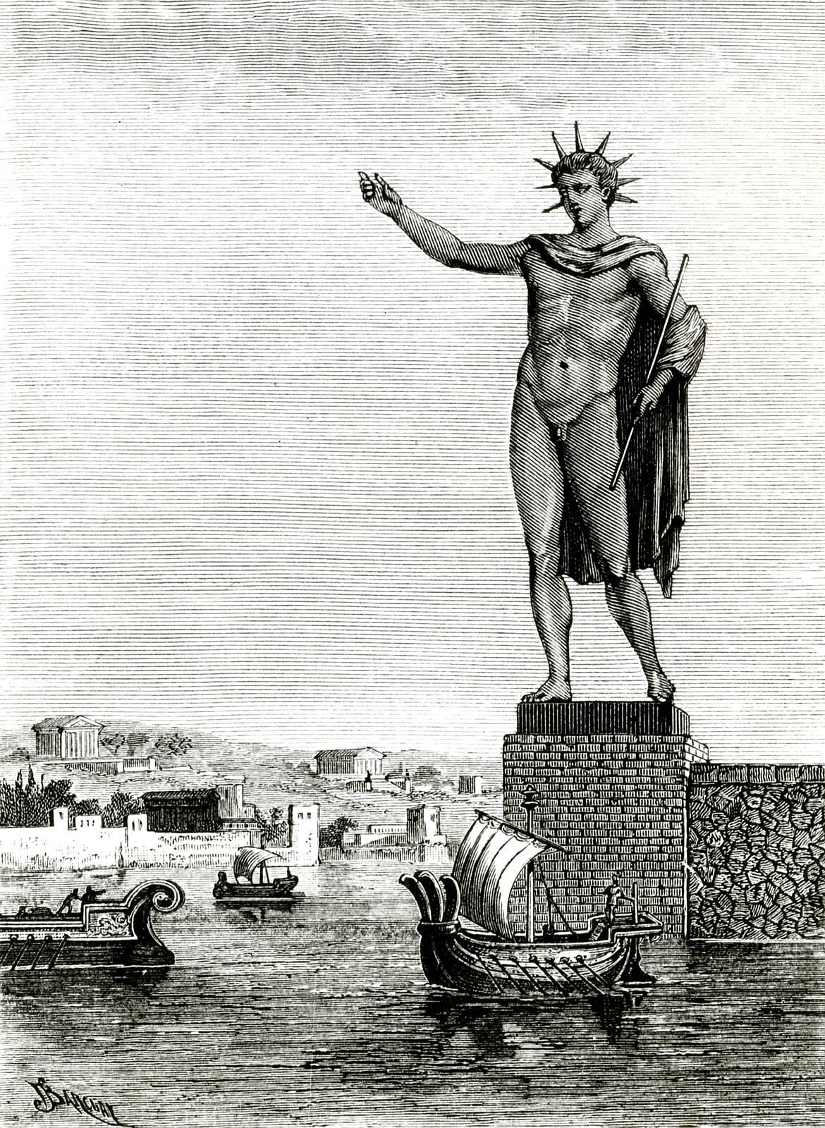 WIKIMEDIA COMMONS
The Colossus of Rhodes, one of the Seven Wonders of the Ancient World, constructed in 280 B.C. was about as tall as the Statue of Liberty and was destroyed by an earthquake in 226 B.C.