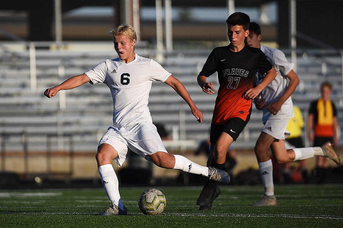 Glacier’s Hunter Lisowski (6) scores a second-half goal against Flathead during crosstown soccer at Legends Stadium on Thursday. (Casey Kreider/Daily Inter Lake)