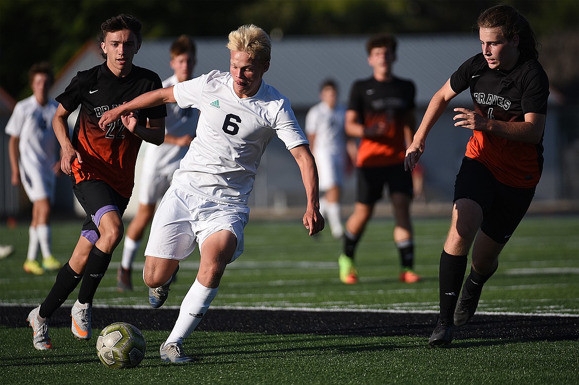 Glacier’s Hunter Lisowski (6) moves the ball upfield against Flathead during crosstown soccer at Legends Stadium on Thursday. (Casey Kreider/Daily Inter Lake)