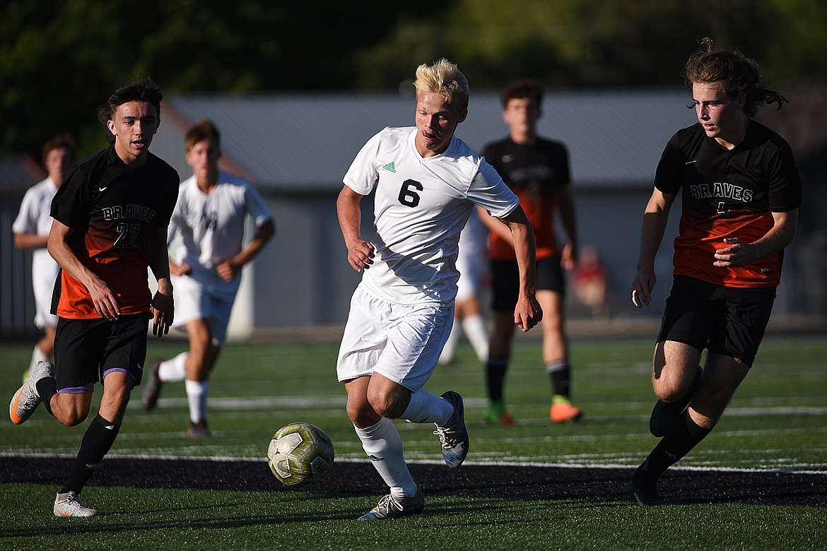 Glacier’s Hunter Lisowski (6) moves the ball upfield against Flathead during crosstown soccer at Legends Stadium on Thursday. (Casey Kreider/Daily Inter Lake)