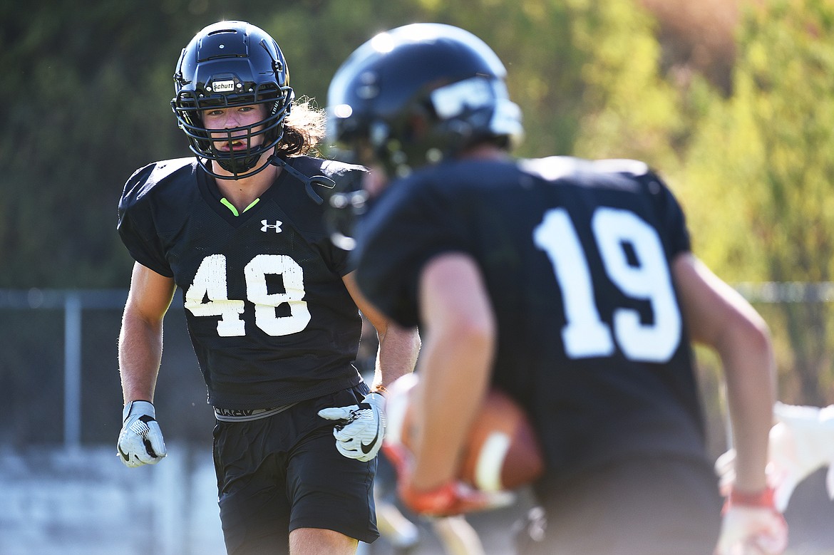 Flathead linebacker Nolan White pursues a play during practice at Legends Stadium on Wednesday, Aug. 26. (Casey Kreider/Daily Inter Lake)