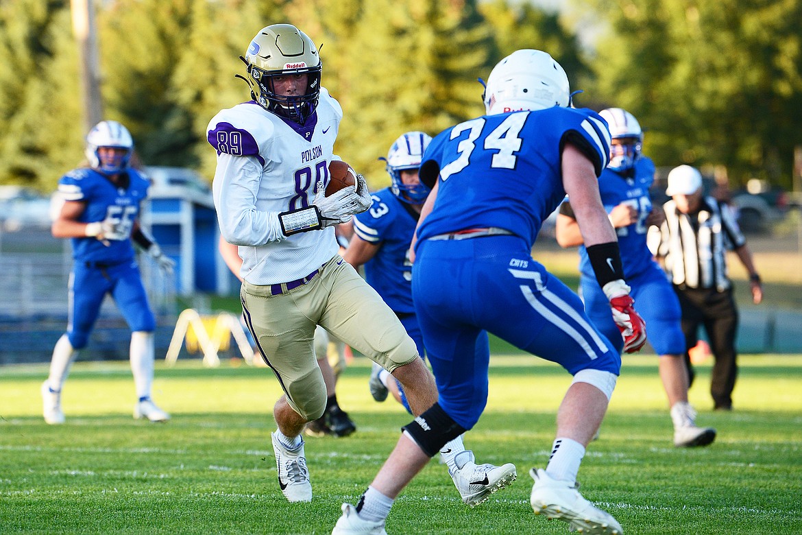 Polson tight end Braunson Henriksen (89) runs after a reception in the first half against Columbia Falls at Satterthwaite Memorial Field on Friday. (Casey Kreider/Daily Inter Lake)