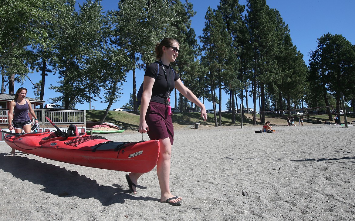 Christi Haynos, right, and Hannah Neff take advantage of a free kayak rental from NIC's Outdoor Pursuits on Friday.