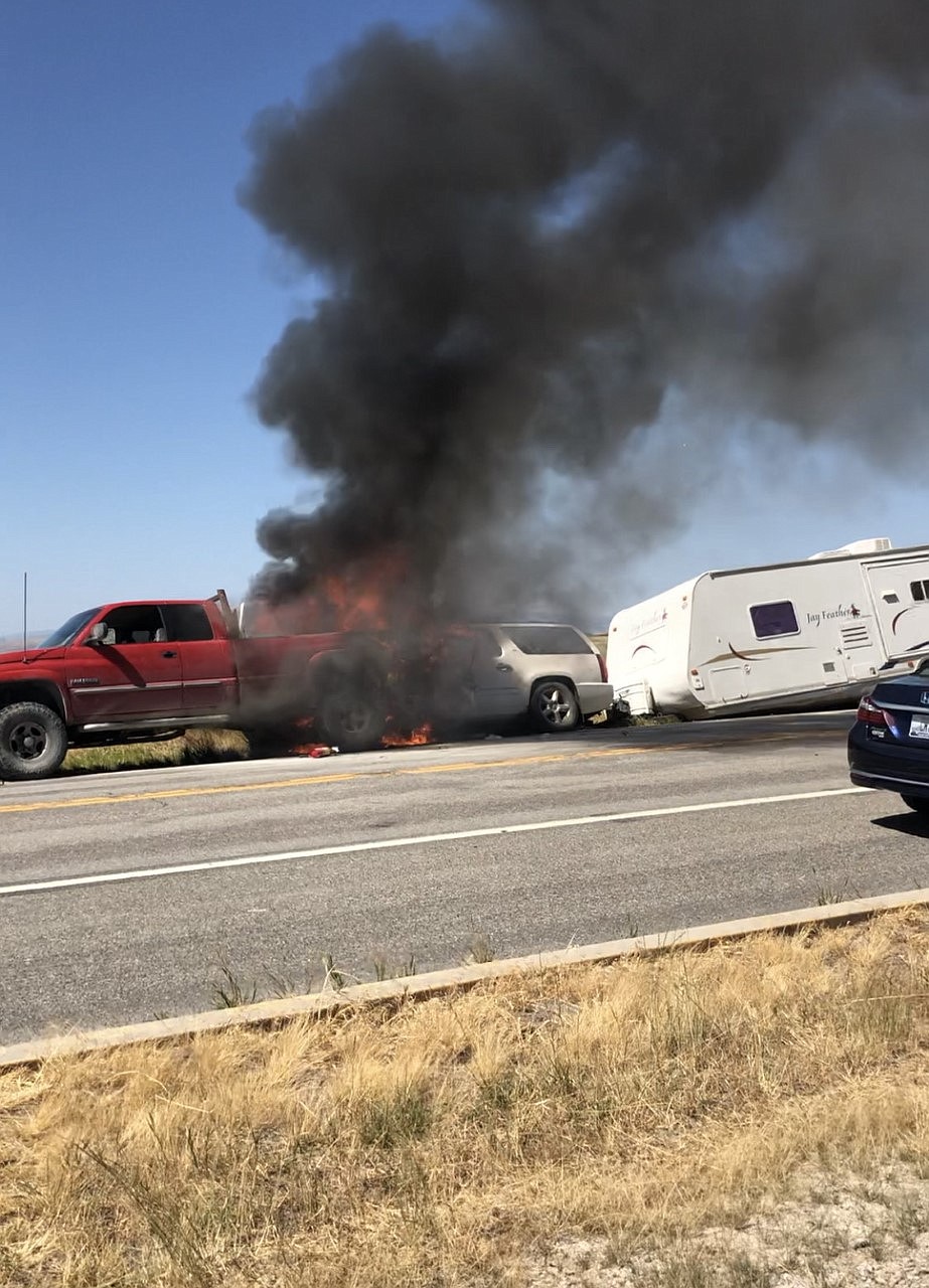 A collision on U.S. 93 at Eagle Pass Trail near Ninepipes Lodge on Aug. 23 led to a daring rescue of the driver before emergency personnel were available. (Photo provided)