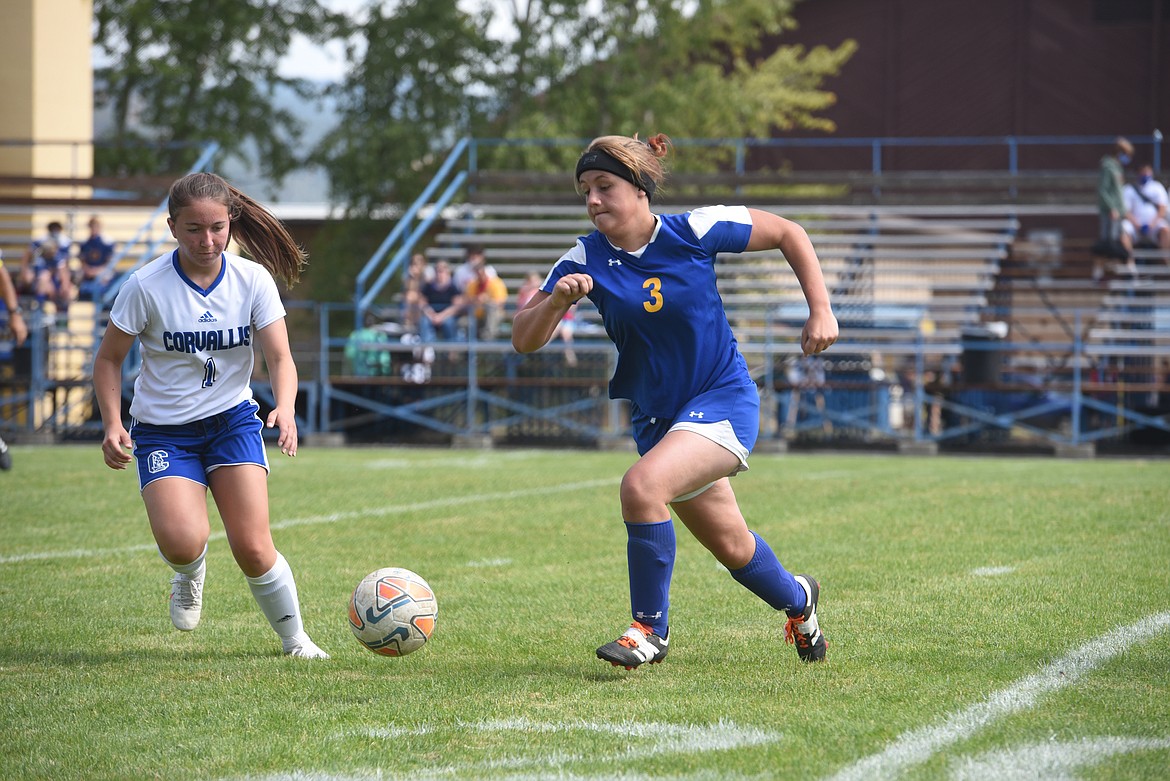 Libby defender Isabella Swanson, sophomore, chases the ball during the Logger's Aug. 29 opening game against Corvallis.