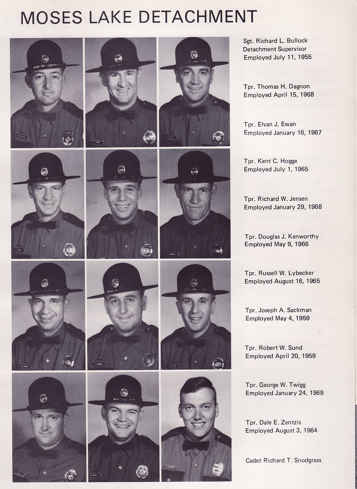 A Washington State Patrol annual yearbook page shows the staff from the Moses Lake detachment in 1974.