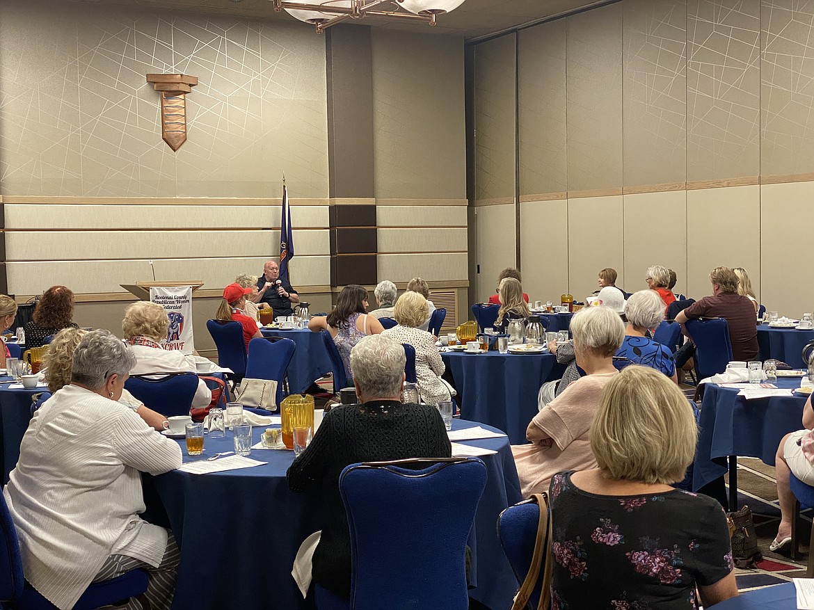 Commissioner Bill Brooks talks to Kootenai County Republican Women Federation at their monthly meeting about the possibility of a re-entry center in Rathdrum. (MADISON HARDY/Press)