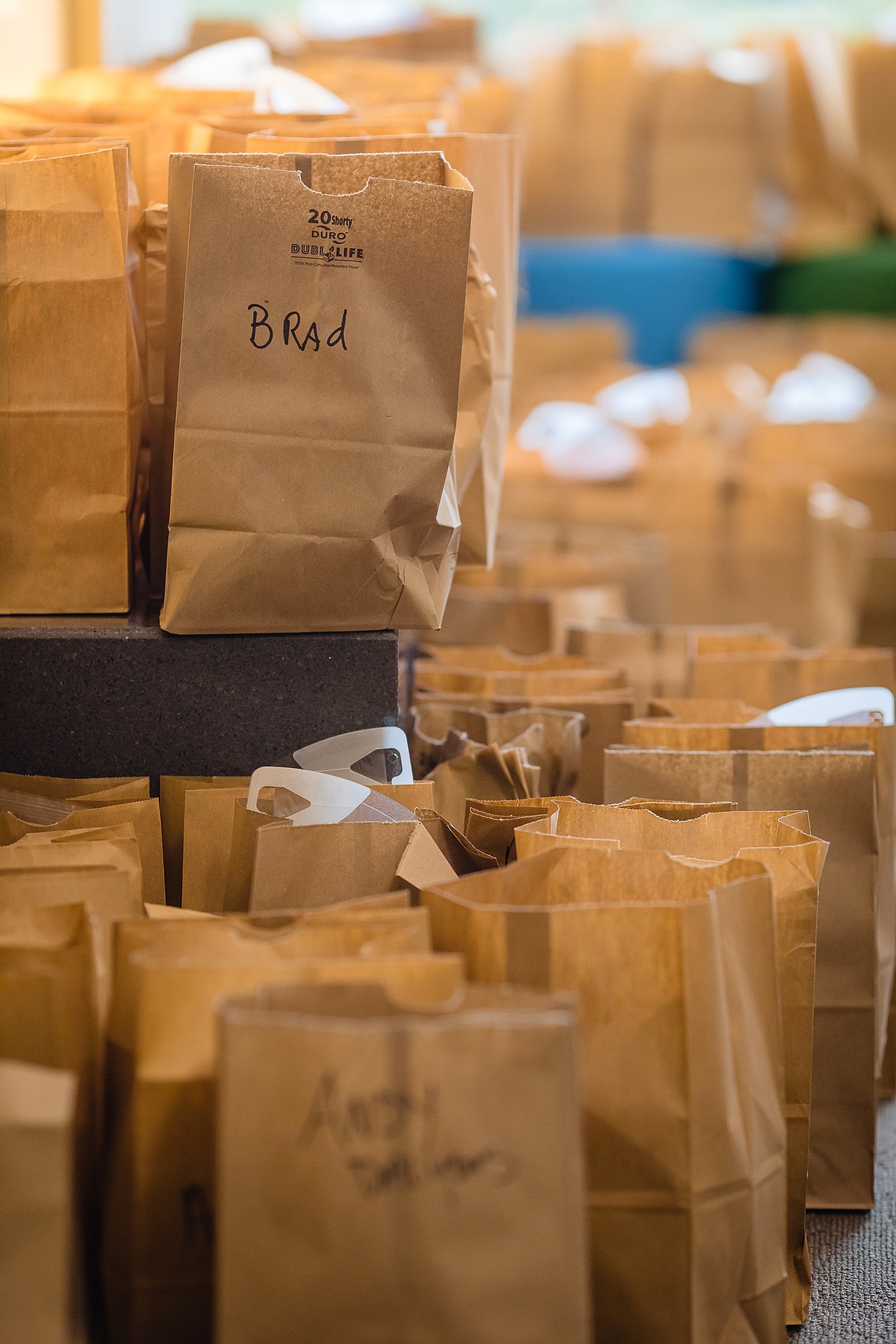 A waiting area on 3 East was repurposed to house N-95 respirators fresh from the sterilizer. After masks have been sterilized they are carefully placed in paper sacks with names hand-written on the outside, awaiting the next shift.