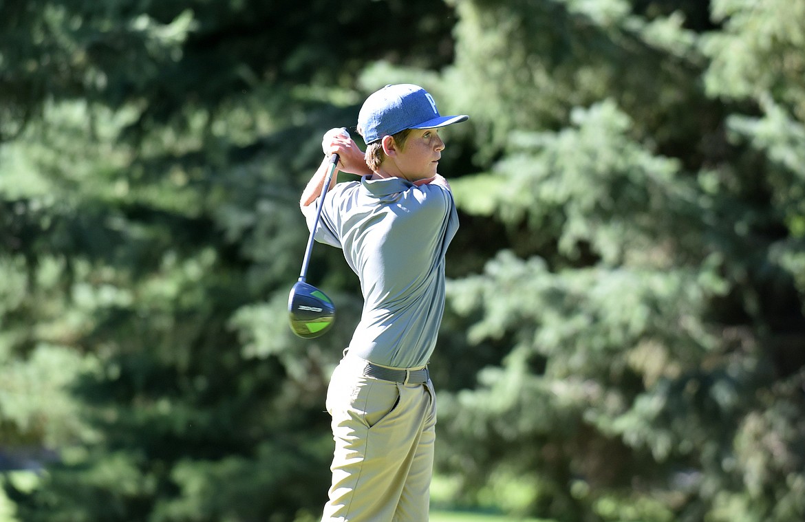 Bulldog Matthew Peschel tees off on the second hole during the Whitefish Triangular tournament last week at Whitefish Lake Golf Club. (Heidi Desch/Whitefish Pilot)