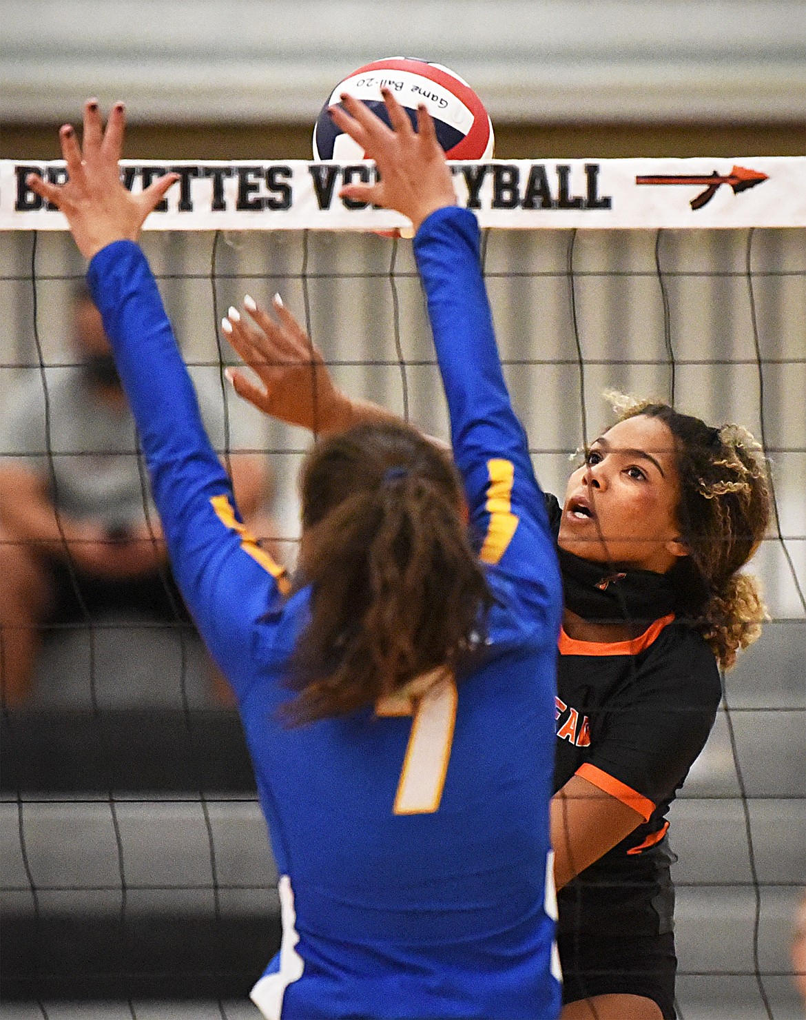 Flathead’s Akilah Kubi (19) looks for a kill against Missoula Big Sky at Flathead High School on Tuesday. (Casey Kreider/Daily Inter Lake)