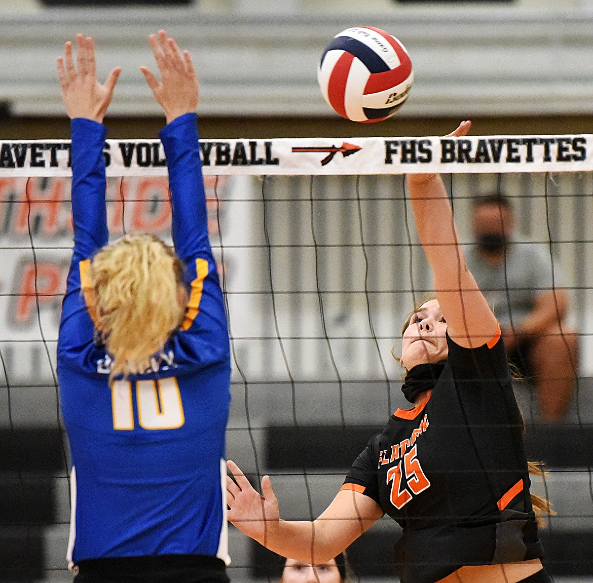 Flathead’s Savanna Sterck (25) looks for a kill against Missoula Big Sky at Flathead High School on Tuesday. (Casey Kreider/Daily Inter Lake)