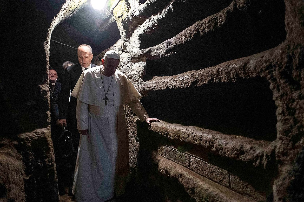 Pope Francis visiting Pricilla Catacomb in Rome to celebrate Mass and pray for Christians worldwide who are under persecution and have to worship in secret (2019).