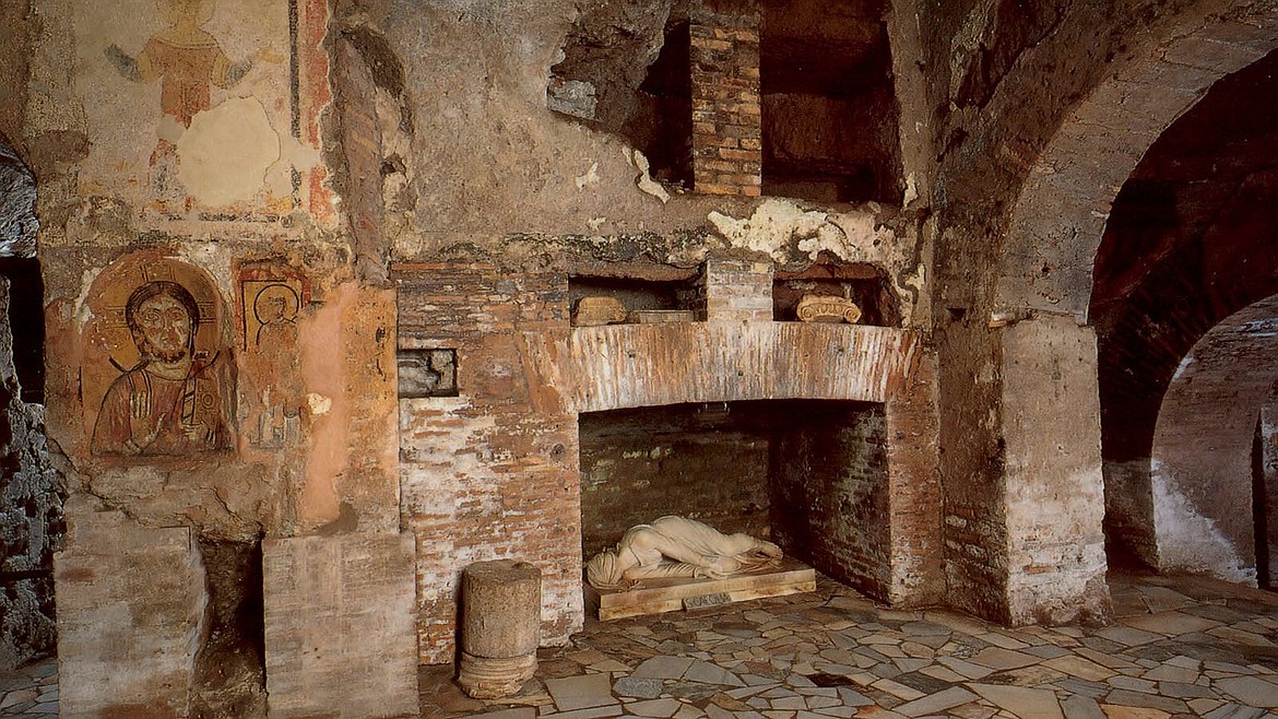 Tomb of Santa Cecilia in the Catacombs of St. Callixtus in Rome where half a million Christians, martyrs and 16 popes are buried, as well as St. Cecilia, patron saint of musicians, whose remains were moved to Santa Cecilia in Trastevere in central Rome in 821 A.D.