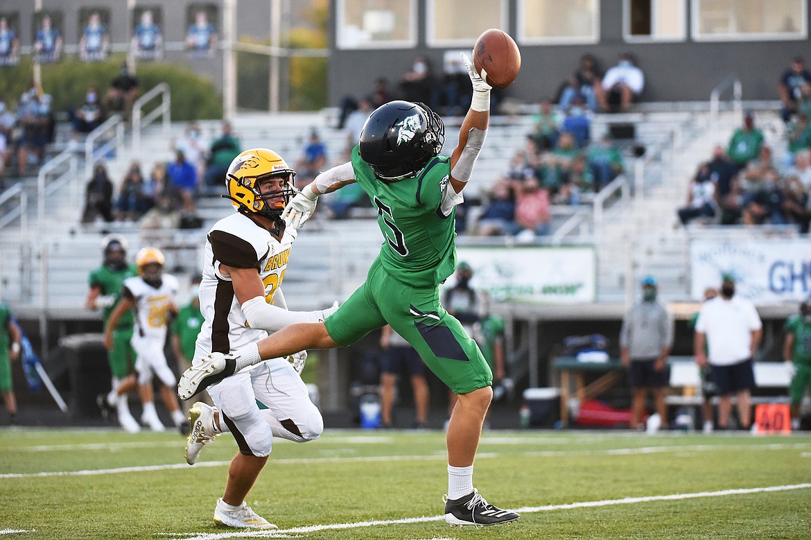 Glacier wide receiver Cole Johnson (5) can’t hold on to a second quarter reception against Helena Capital at Legends Stadium on Friday. (Casey Kreider/Daily Inter Lake)