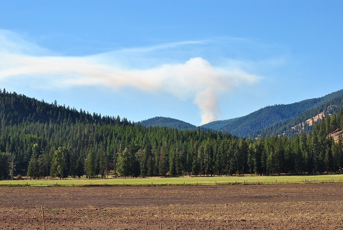 A plume of smoke rises from the Flat Rock Fire last week. A quick response from crews kept the blaze at just eight acres. (Amy Quinlivan/Mineral Independent)