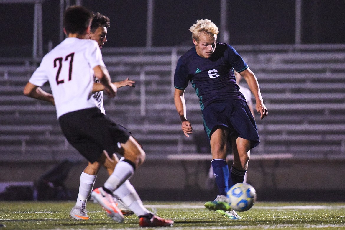 Glacier's Hunter Lisowski (6) scores a first-half goal against Flathead during crosstown soccer at Legends Stadium on Tuesday. (Casey Kreider/Daily Inter Lake)