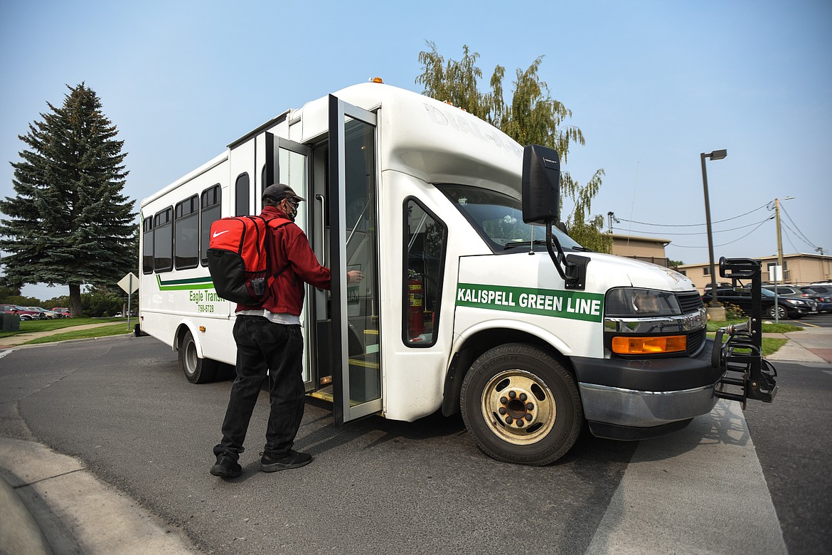 A passenger is picked up by an Eagle Transit bus outside Kalispell Regional Medical Center on Wednesday, Sept. 16. (Casey Kreider/Daily Inter Lake)