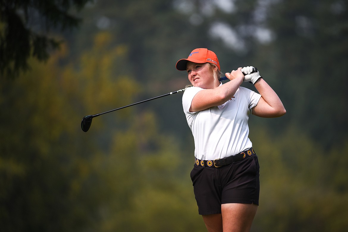 Flathead's Marcela Mercer watches her drive off the 13th tee during the Kalispell Invite at Buffalo Hill Golf Club on Thursday, Sept. 17. (Casey Kreider/Daily Inter Lake)