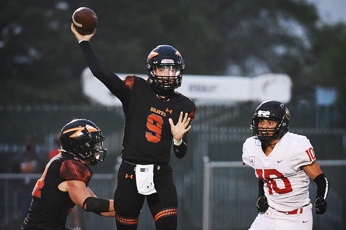 Flathead quarterback Charlie Hinchey (9) throws a screen pass in the first half against Missoula Hellgate on Friday. (Casey Kreider/Daily Inter Lake)