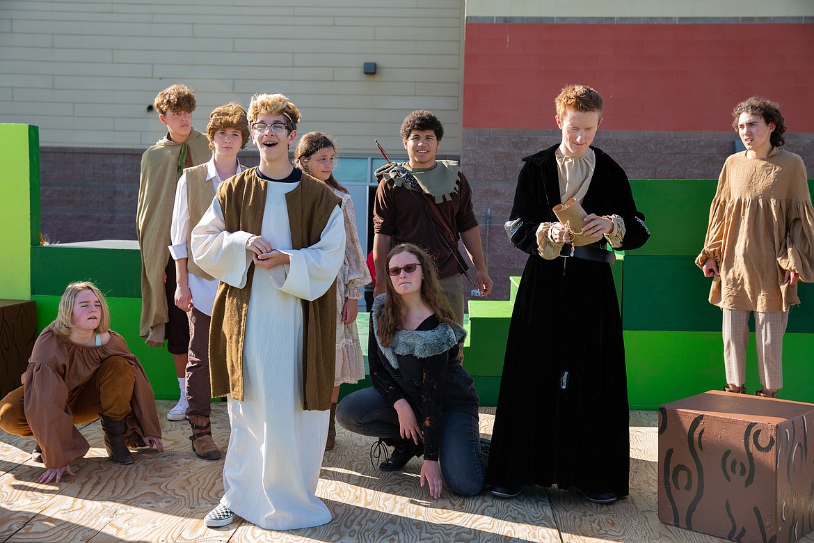 Cast members of Glacier High School's Wolfpack Theatre Co. production of "The Heart of Robin Hood include the residents of Nottingham: (L-R) Plug, played by Sydney Fletcher, Pierre, played by Derek Smith, Jethro, played by Kaelin Holt, Priest, played by Zach Hall, Sarah, played by Eleanor Cummings, Fang, played by Fiona Fuller, Robin Hood, played by Asher Robinson, Guy of Gisborne, played by Ty Espeseth, and Robert, played by Eric Kalvig.