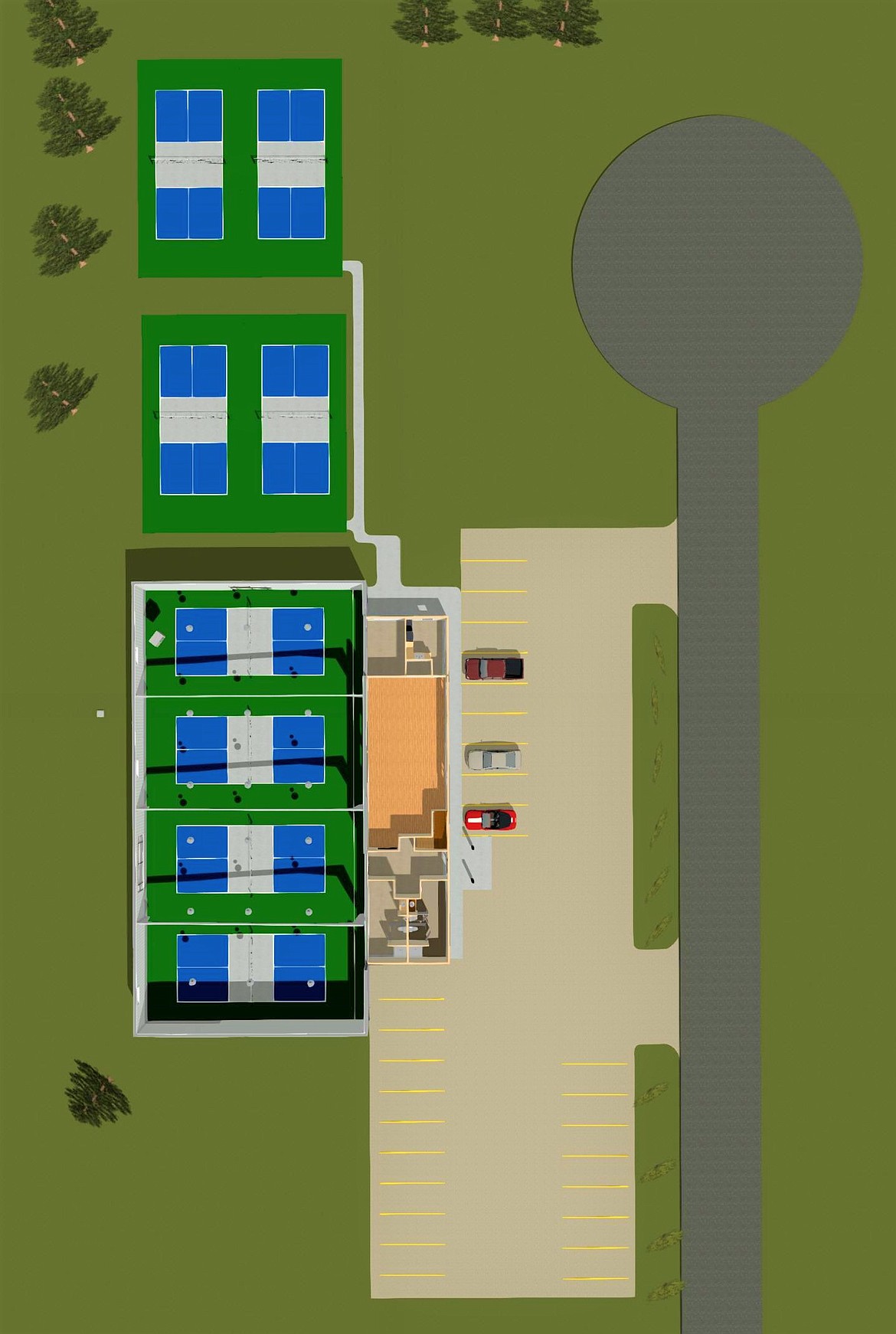 An aerial rendering shows the indoor and outdoor pickleball courts that will be constructed at the Jewel Basin Center.