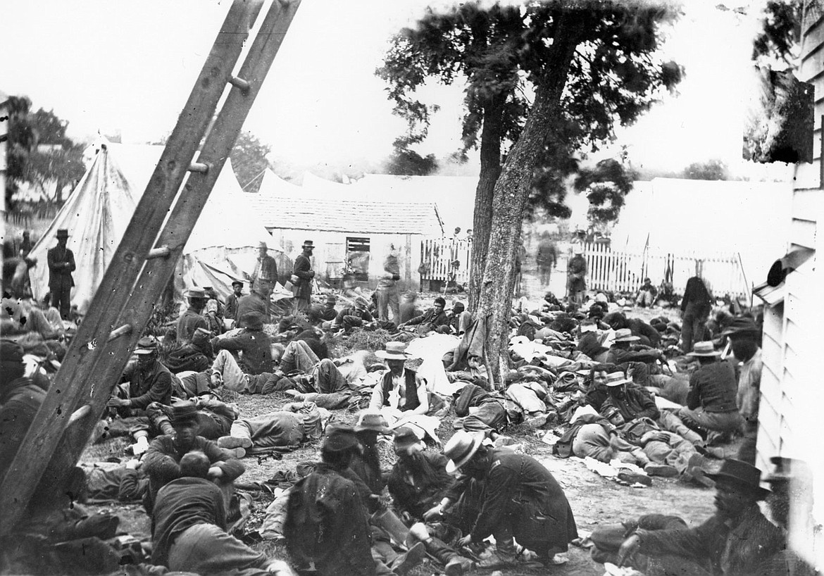 Union Army of the Potomac wounded soldiers shown in field hospital at Savage’s Station after Peninsula Campaign battle of June 29, 1862. in Virginia.