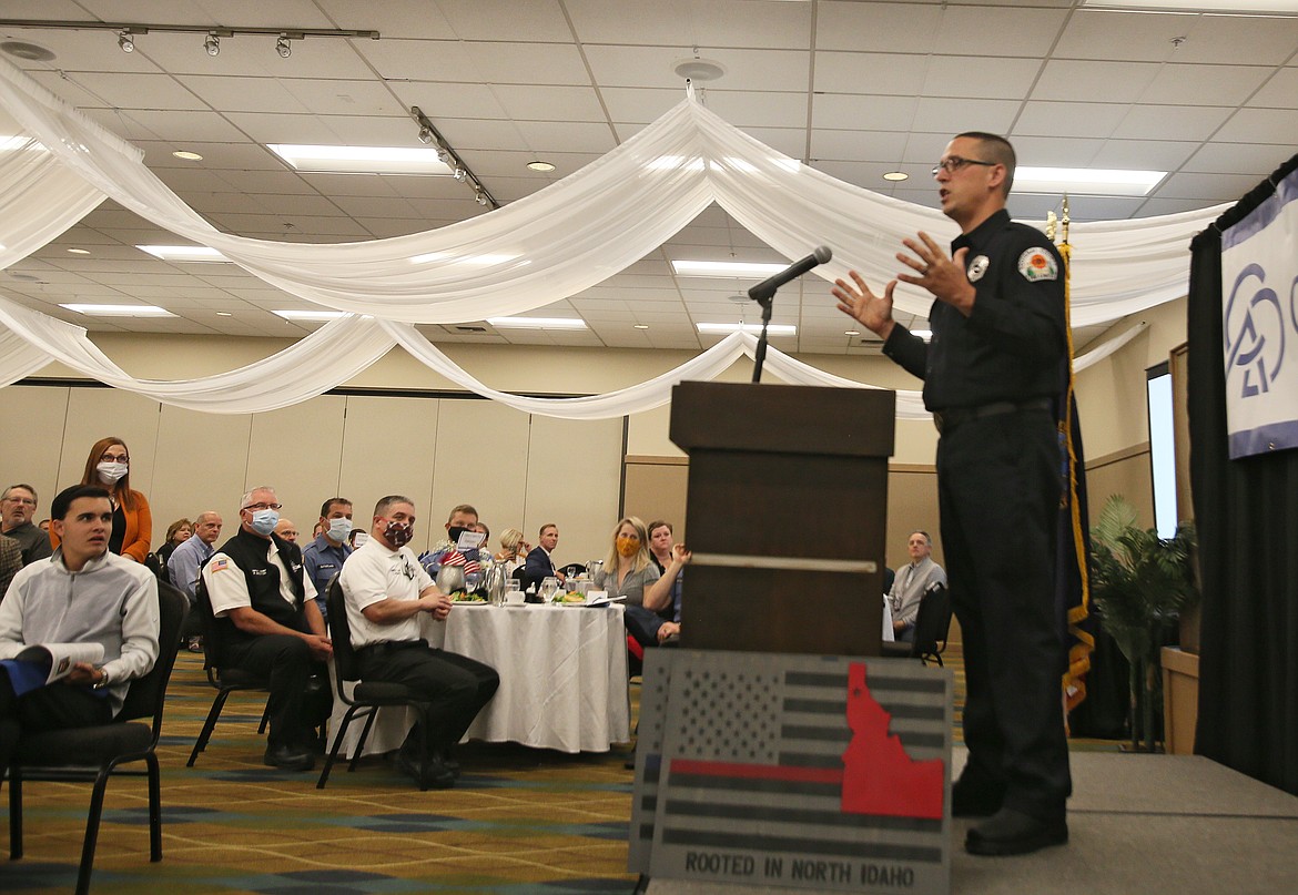 Kootenai County Fire and Rescue engineer/paramedic Mitchell Copstead on Wednesday shares what it means to him to receive an award from the Coeur d'Alene Chamber during the first Public Safety Awards Luncheon.