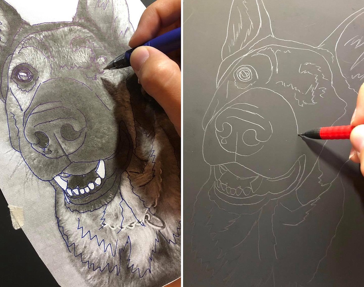 When Raines starts sketching out her newest scratchboards, she first prints the photo to the scale she wants for the final product, she wrote in a recent Facebook post. She then coats the back of the paper with soft willow charcoal so it will transfer easily with pressure, fix the paper to the board, and trace the major features she wants to use as landmarks for the drawing. She then traces over the charcoal lines with a mechanical pencil so they don’t wipe off as easily while she's working on the portrait, completing the outline.