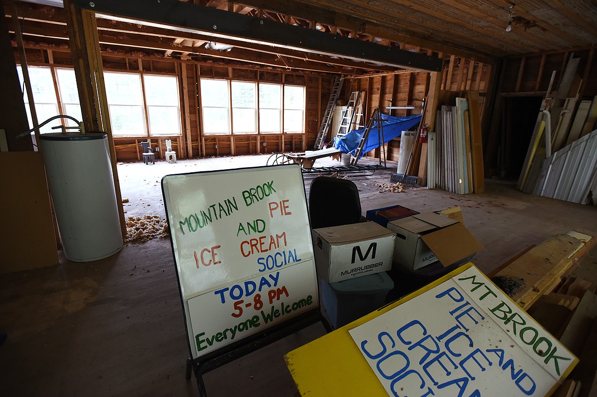 Old signs for the Mountain Brook pie and ice cream social are stored inside the school as the interior is being renovated on Friday, Sept. 25. (Casey Kreider/Daily Inter Lake)