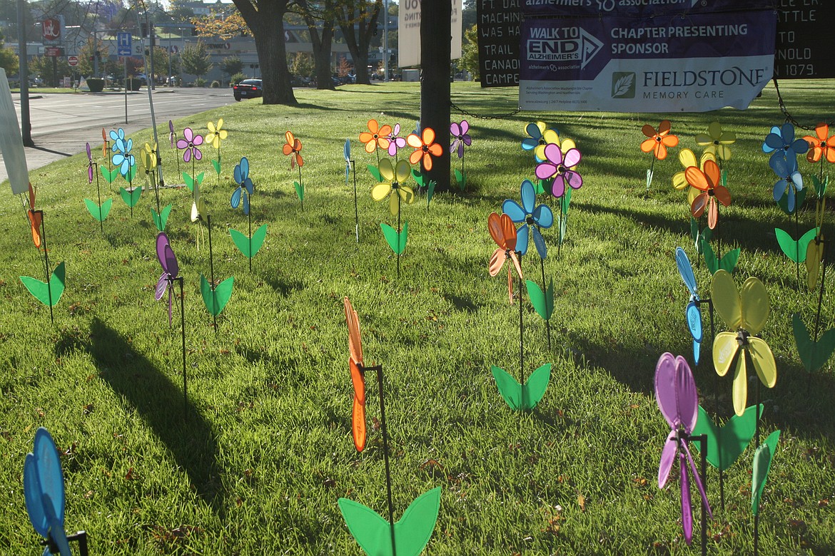 Pinwheel flowers commemorating Alzheimer's patients, their caregivers and families filled a corner of Civic Park Sunday.